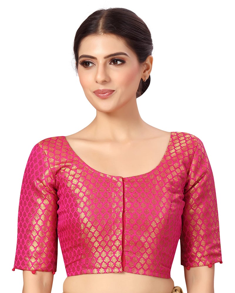 Studio Shringaar Women's Readymade Polyester Elbow Length Sleeves Banaras Brocade Saree Blouse (Pink, 40) - Image 5
