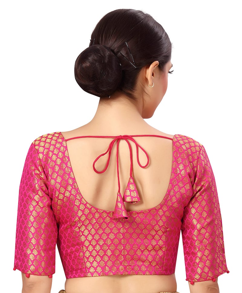 Studio Shringaar Women's Readymade Polyester Elbow Length Sleeves Banaras Brocade Saree Blouse (Pink, 40) - Image 2
