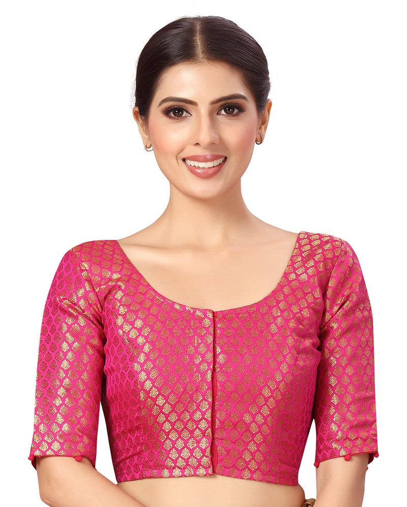 Studio Shringaar Women's Readymade Polyester Elbow Length Sleeves Banaras Brocade Saree Blouse (Pink, 40) - Image 1