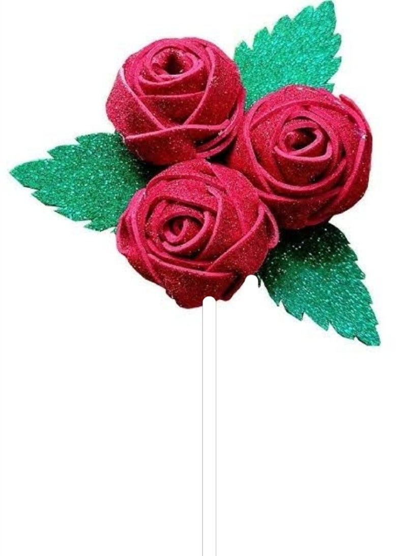 Glitter foam artificial roses flowers on stick cake topper for mother's day, valentine's day, love , mum, teacher, birthday