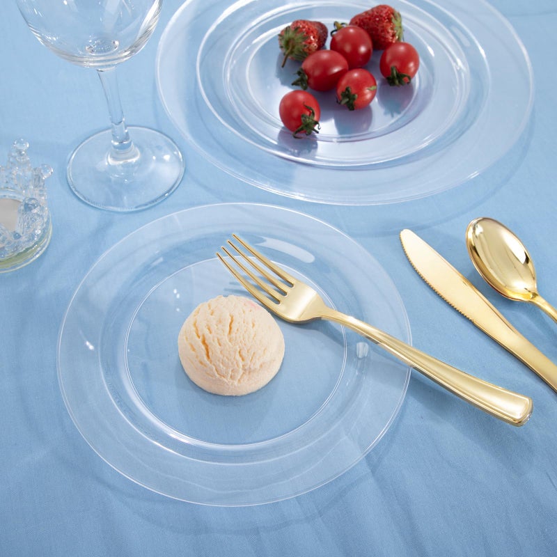 FLOWERCAT 100PCS Clear Plastic Plates - Heavy Duty Clear Disposable Plates for Fall Party/Wedding/Christmas - Include 10inch & 7inch Dinner/Dessert Plates for 50guests - Image 2