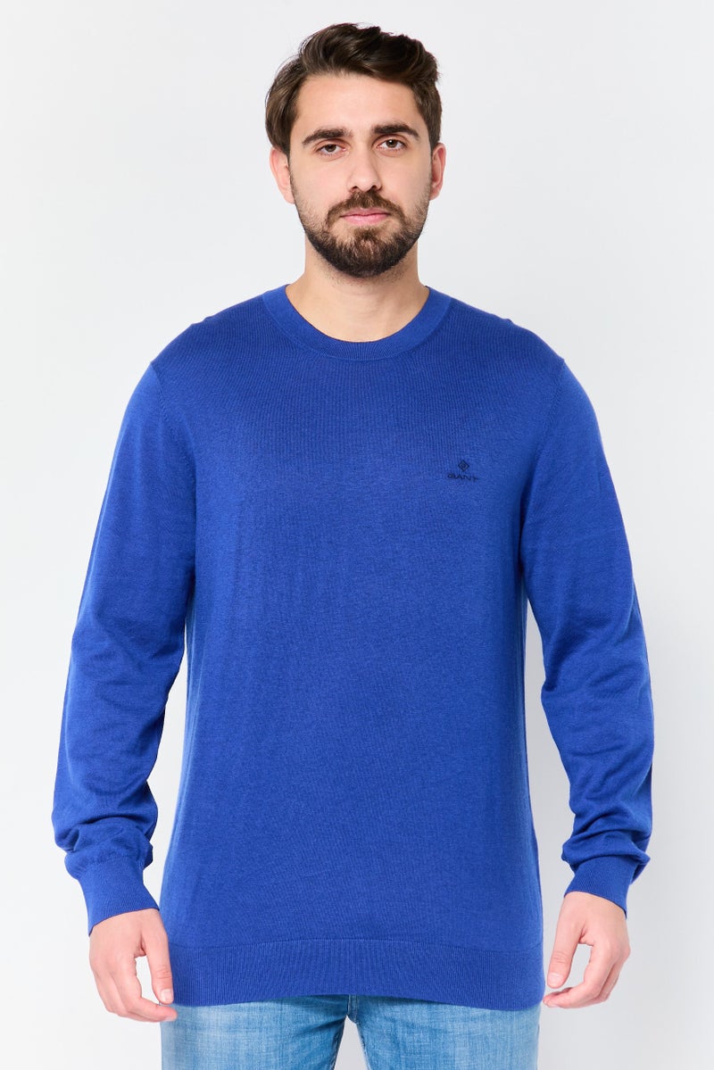 GANT Men Crew Neck Embroidered Logo Long Sleeve Sweater, Royal Blue - Image 1