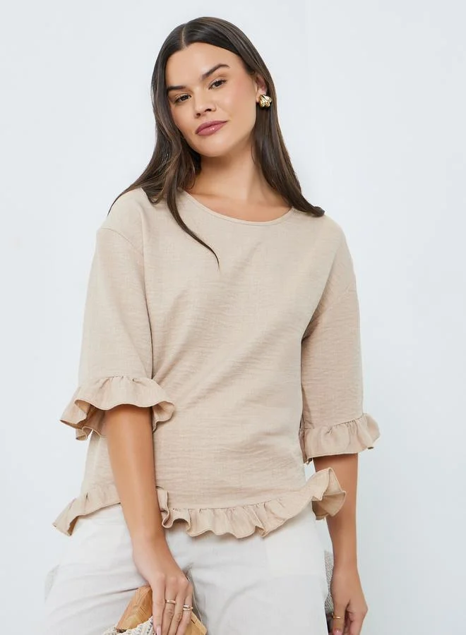 Take Two Beige Ruffle Trim 3/4 Sleeve Top