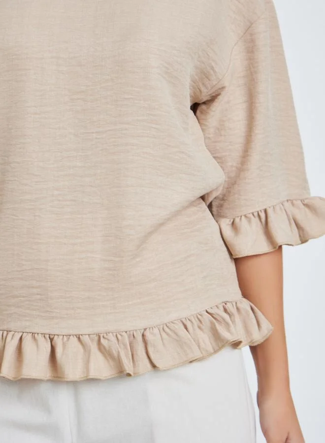 Take Two Beige Ruffle Trim 3/4 Sleeve Top