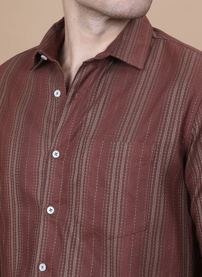 Hence Men Vertical Striped Spread Collar Cotton Casual Shirt - Image 2