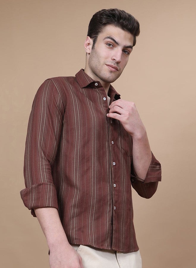 Hence Men Vertical Striped Spread Collar Cotton Casual Shirt - Image 3