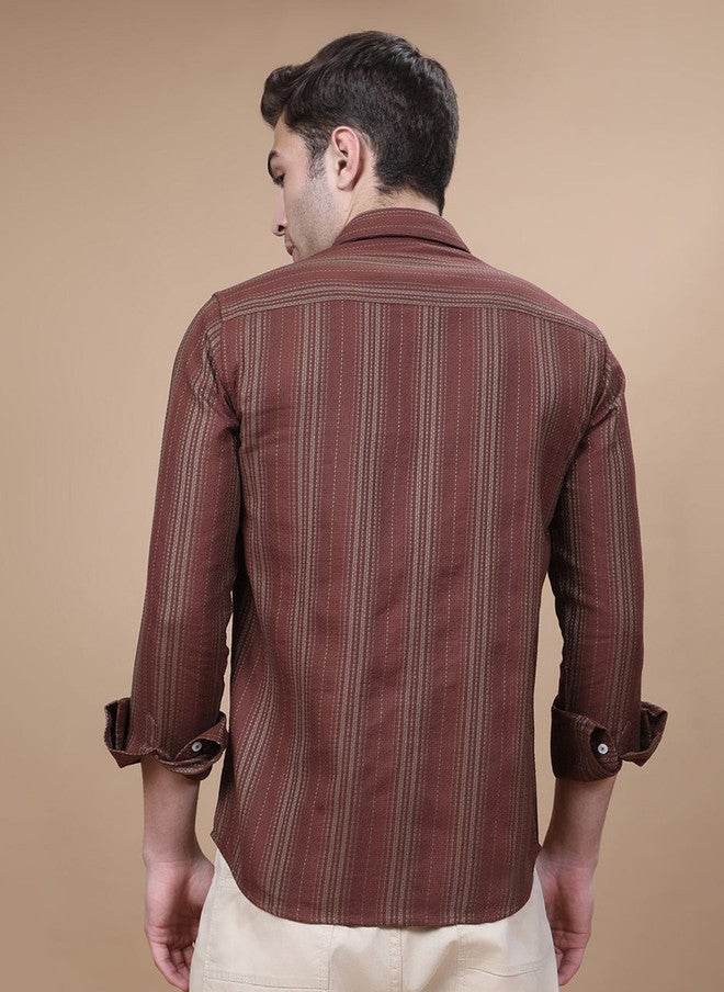 Hence Men Vertical Striped Spread Collar Cotton Casual Shirt - Image 5