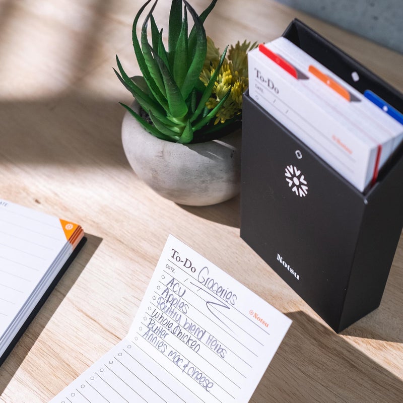 Notsu Centre Rise To Do List Card Box Set | 50 Foldable To-Do Vertical Notecards 3x5, Productivity Index Card Organizer Tab Dividers, Desk Card Holder Stand (Black) - Image 4