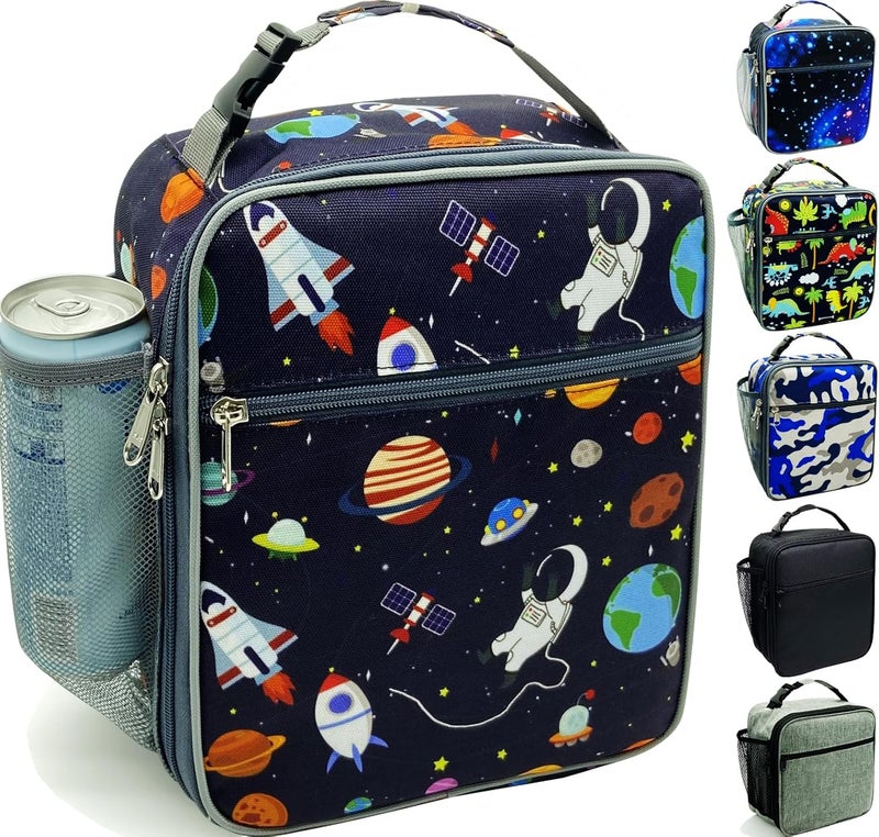 Kulle Astronaut Lunch Box for Boys, Insulated Kids Lunch Bag with Freezable Compartment, Thermal Reusable Lunchbox for School, Outdoor, Daycare - Space Theme Design - Image 1