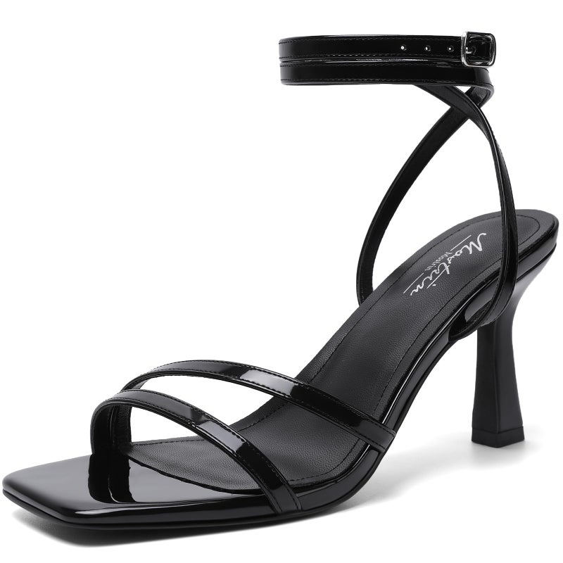 Mostrin Black Strappy Heels for Women Womens Sandals Ankle Strap Lace Up Heels Square Open Toe Heels Stiletto High Heeled Sandals for Wedding, Prom, Party, Daily Size 8 - Image 1