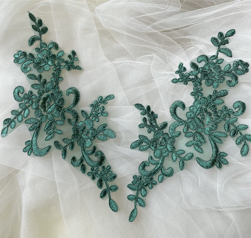 Microheal Lace Applique with Sequin Corded Flower Embroidery Lace Appliques Lace Motif Dress Patches for Craft Projects Mirror Pair (Emerald) - Image 1