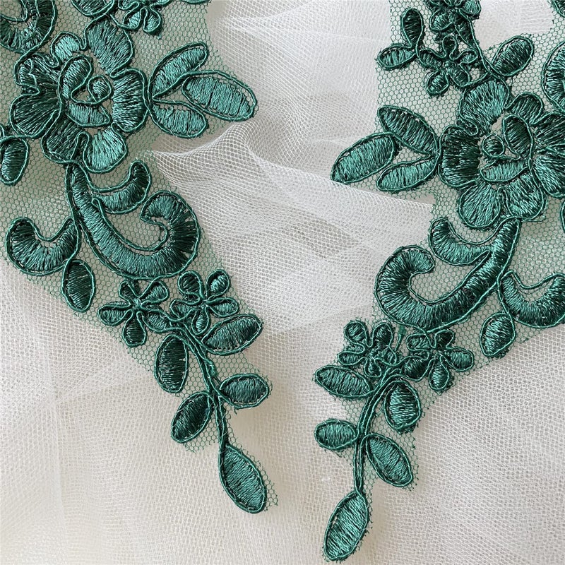 Microheal Lace Applique with Sequin Corded Flower Embroidery Lace Appliques Lace Motif Dress Patches for Craft Projects Mirror Pair (Emerald) - Image 2