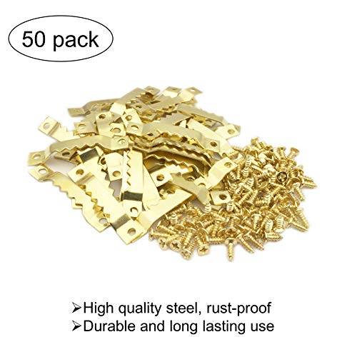 EesTeck 50 Pack Small Sawtooth Picture Hangers Steel Picture Hangers Picture Frames Hangers with Screws Picture Hang Solutions, for Hanging Clock Paintings Artwork Picture Frame Hook Photos(Gold) - Image 2