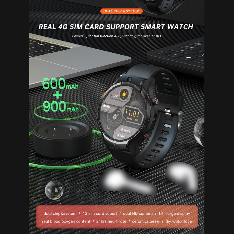 Air 1 Smart Watch 1.6'' 400*400px Full-touch Screen 4G SIM Card Supported Dual Chips&Systems Dual Cameras Full-function Android 9.0 OS 24H Heart Rate Monitor Large Battery 4GB+128GB - Image 2