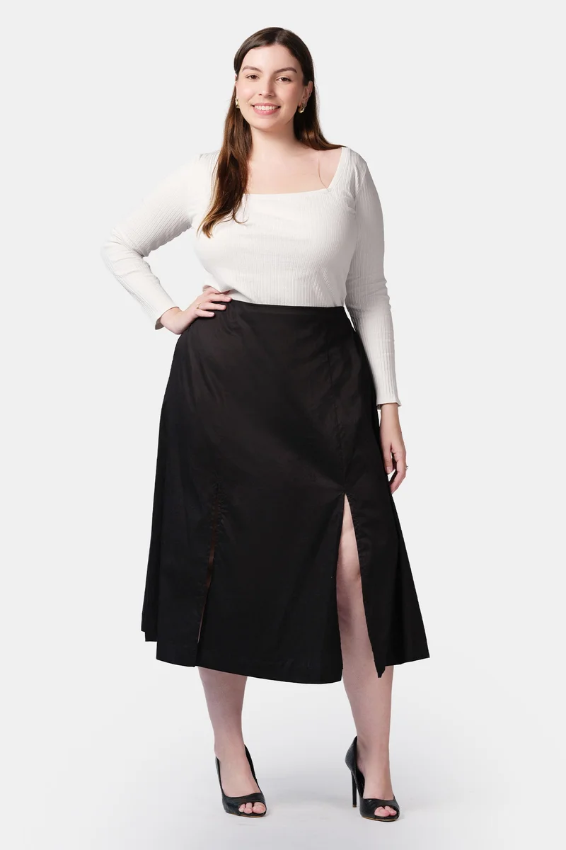 فيرجيو Solid Cotton Satin Midi Plus Size Skirt With Front Slits for Women