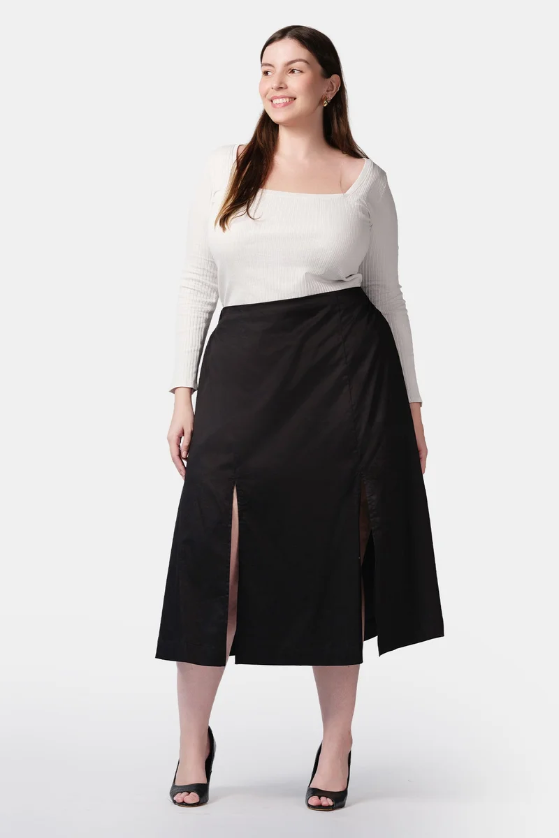 فيرجيو Solid Cotton Satin Midi Plus Size Skirt With Front Slits for Women