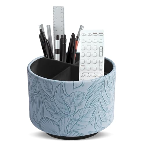 Hennaja Round Leather Art Supply Organizer,Remote Control Holder,360 Degree Spinning,Multi-Functional Pencil Holder,4 Compartments Desktop Stationary Organizer(1-Carved Light Blue) - Image 1