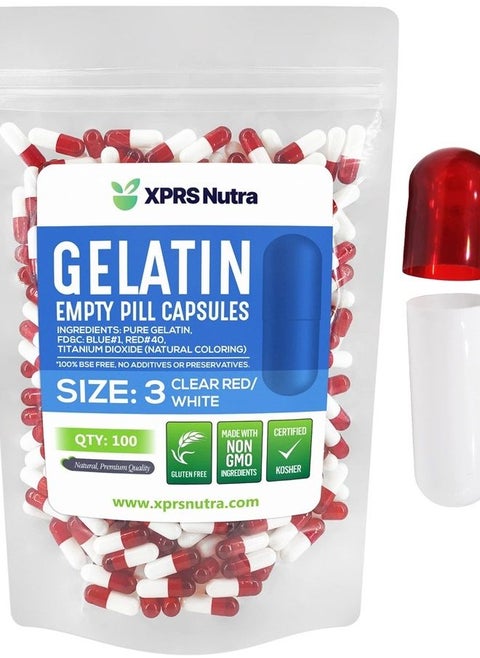 Size 3 Empty Capsules - 100 Count Empty Gelatin Capsules - Empty Pill Capsules - DIY Capsule Filling - Pure Bovine Pill Capsules Empty Gel Caps (Clear Red/White)