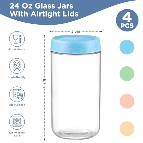 DRKIO 24 Oz Overnight Oats Containers with Lids - 4 Pack Glass Storage Jars with Airtight Lids Wide Mouth Mason Food Jars Great for Meal Prep Salad Chia Pudding Snacks Yogurt Sugar Spice Cereal - Image 2