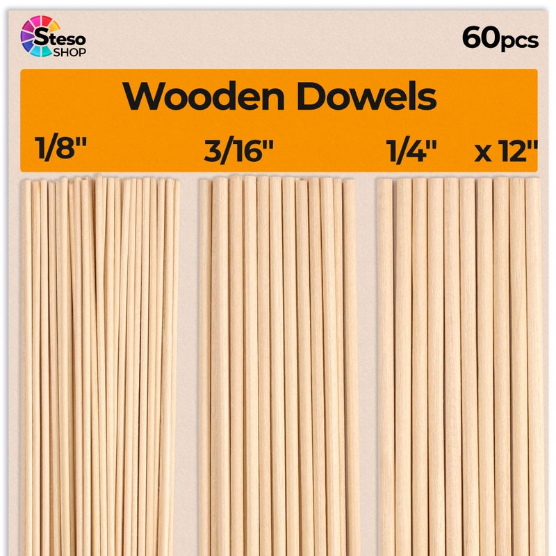 Wooden Dowel Rods for Craft 60 pcs Round Wood Dowels 12 inch in Varying Sizes 18 316 14 Different Rods Craft Sticks Round Dowels