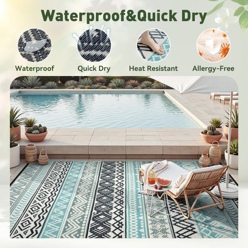 MontVoo Outdoor Rug Carpet Waterproof-Patio Rug Mat 6x9 Reversible RV Outdoor Camping Rugs Picnic Beach Mats Plastic Straw Outside Rugs for Balcony Porch Pool Deck Boho Patio Decor - Image 2