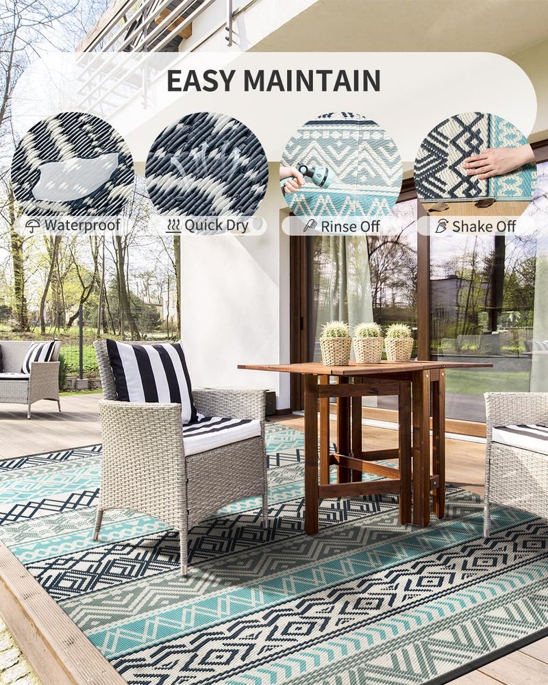 MontVoo Outdoor Rug Carpet Waterproof-Patio Rug Mat 6x9 Reversible RV Outdoor Camping Rugs Picnic Beach Mats Plastic Straw Outside Rugs for Balcony Porch Pool Deck Boho Patio Decor - Image 3