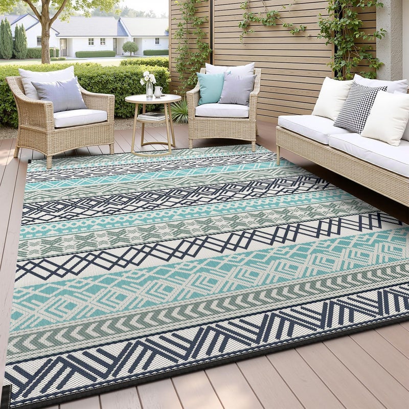 MontVoo Outdoor Rug Carpet Waterproof-Patio Rug Mat 6x9 Reversible RV Outdoor Camping Rugs Picnic Beach Mats Plastic Straw Outside Rugs for Balcony Porch Pool Deck Boho Patio Decor - Image 1