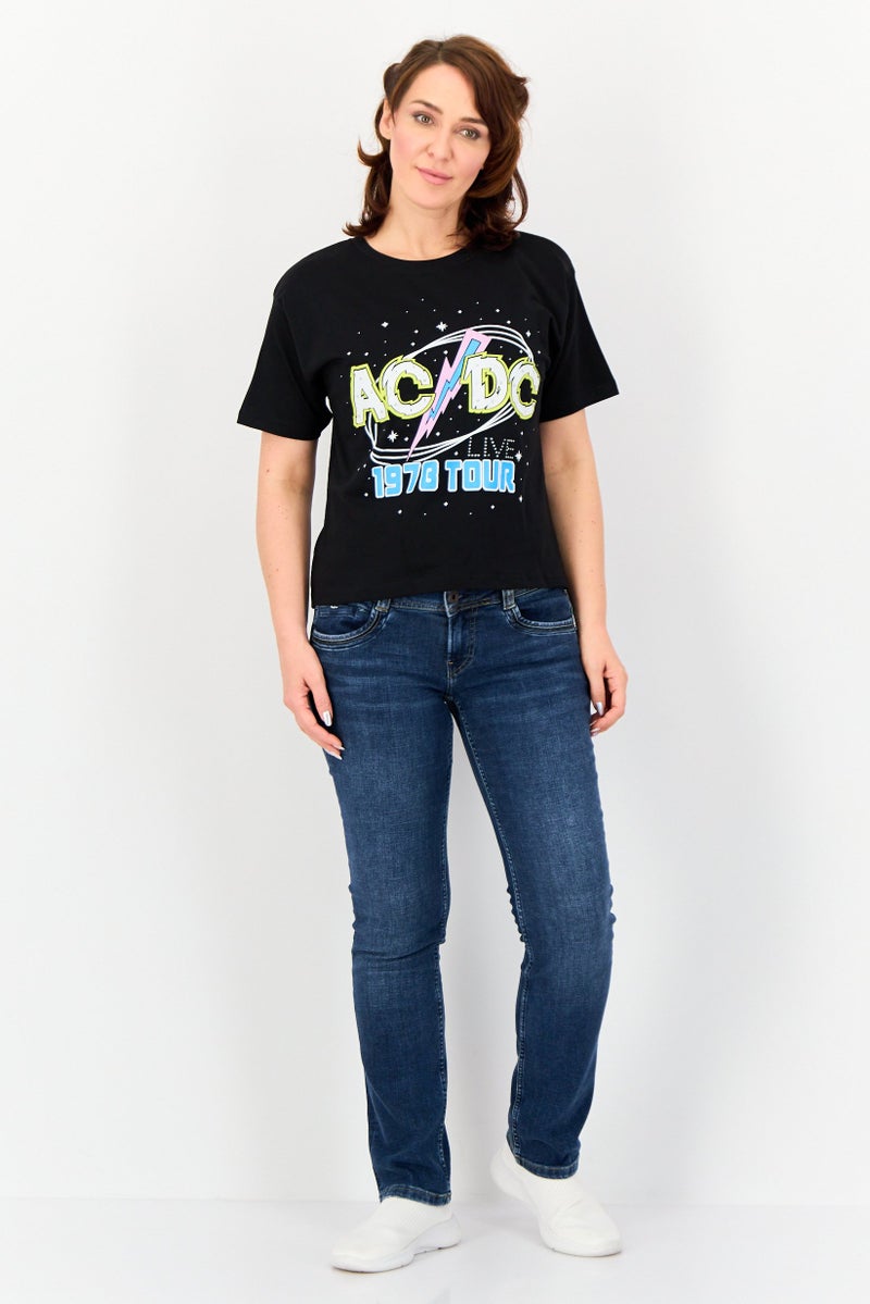 AC/DC تي شيرت قصير الأكمام بطباعة جرافيك للنساء بياقة دائرية، أسود - Image 4