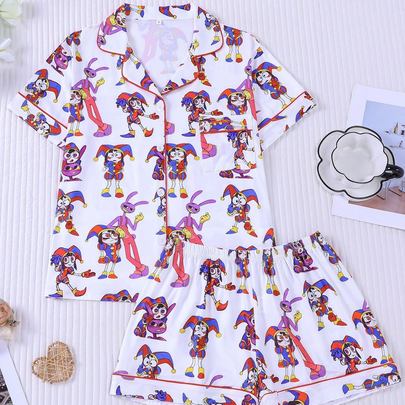 Women's Pajama Set, Short Sleeve & Shorts with Clown Print, White - Image 1