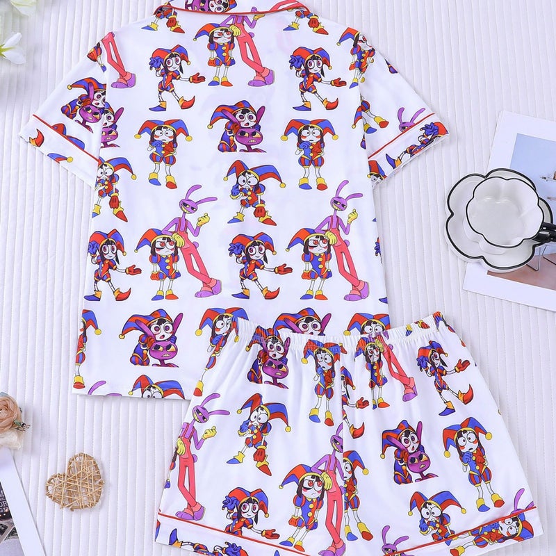 Women's Pajama Set, Short Sleeve & Shorts with Clown Print, White - Image 4