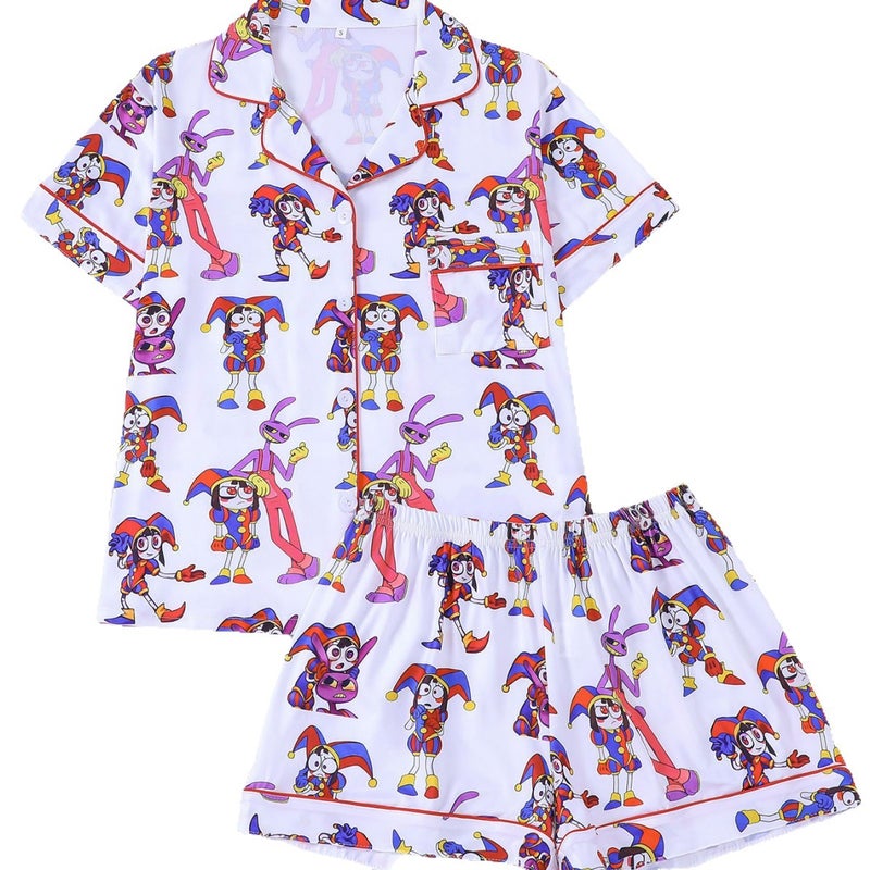 Women's Pajama Set, Short Sleeve & Shorts with Clown Print, White - Image 5