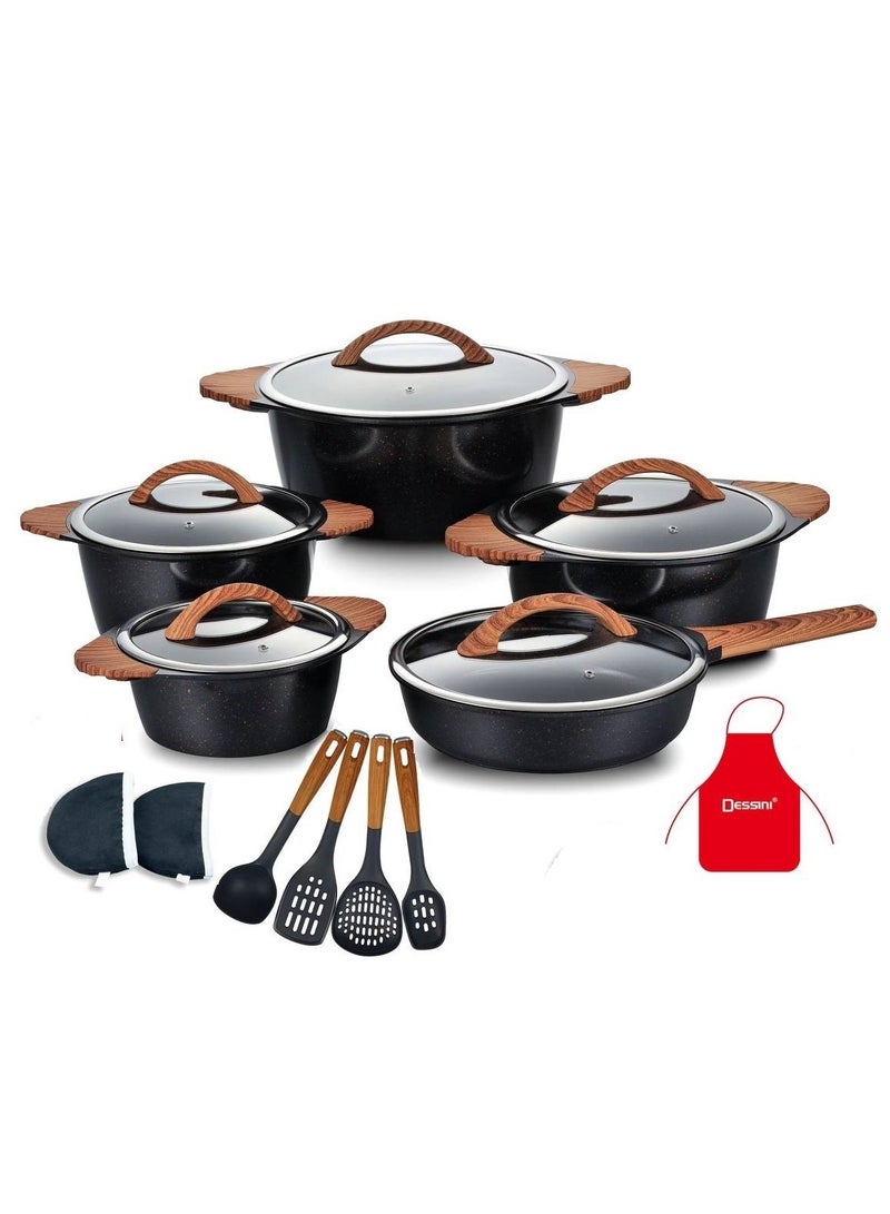 ديسيني طقم أواني طهي مطلي بالجرانيت 17 قطعة يتضمن كسرولة 20،24،28 و 32 سم مع غطاء ، مقلاة عميقة 28 سم مع غطاء و 7 أدوات طهي