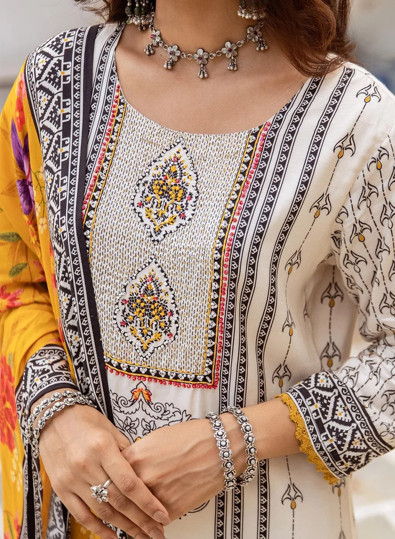 ISHIN Women's White Viscose Blend Printed Tunic Full Length Casual Straight Fit Kurta Set