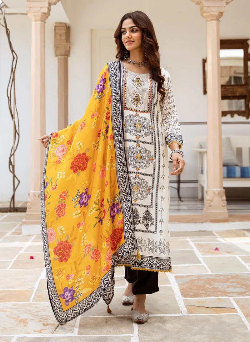 ISHIN Women's White Viscose Blend Printed Tunic Full Length Casual Straight Fit Kurta Set