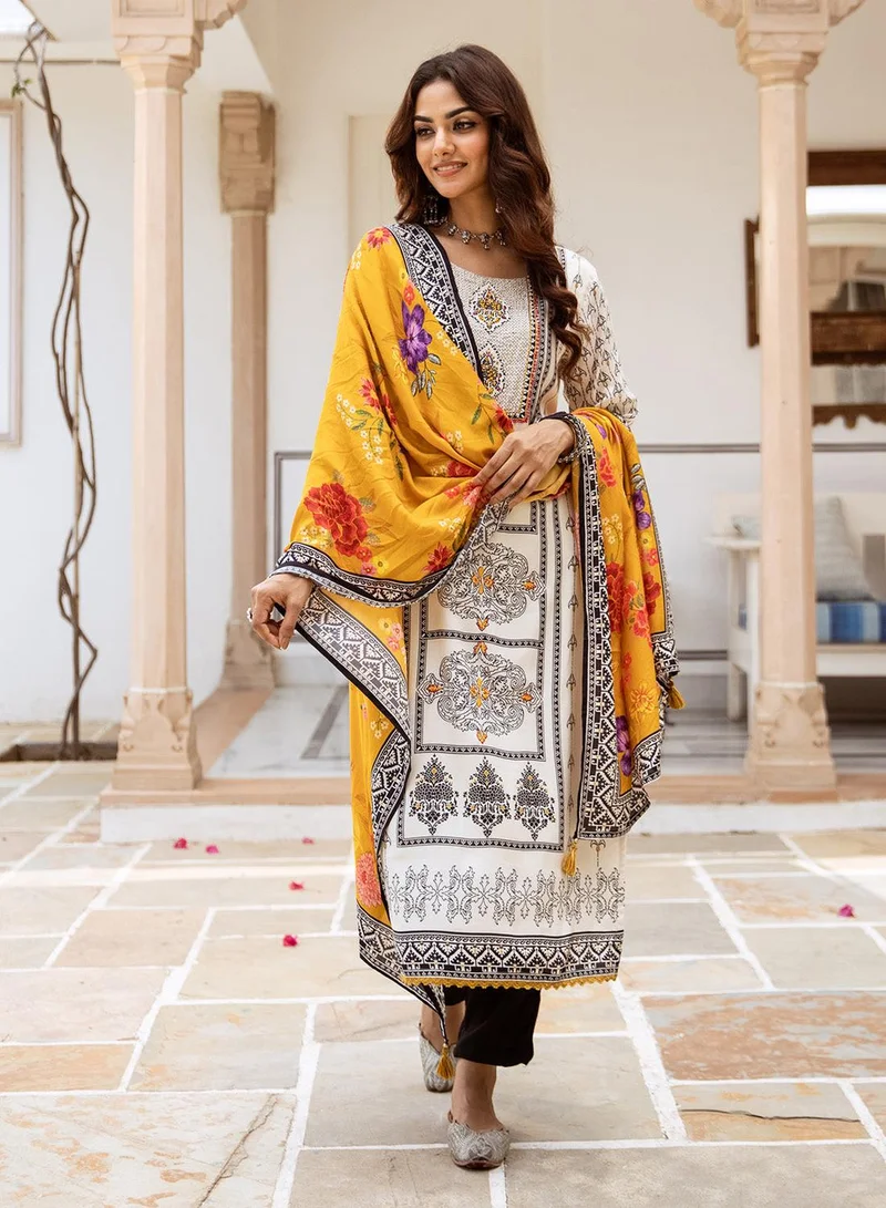 ISHIN Women's White Viscose Blend Printed Tunic Full Length Casual Straight Fit Kurta Set