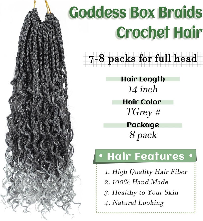 Eerya Goddess Box Braids Crochet Hair 14 Inch 8 Packs Pre-looped Bohemian Crochet Boho Box Braids With Curly Ends Grey 3X Crochet Braids Hair for Women Synthetic Braiding Hair (14inch,TGRAY) - Image 2