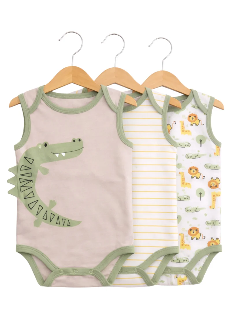 victor and jane Baby Boys Sleeveless Interactive Crocodile Print Bodysuits – Pack of 3