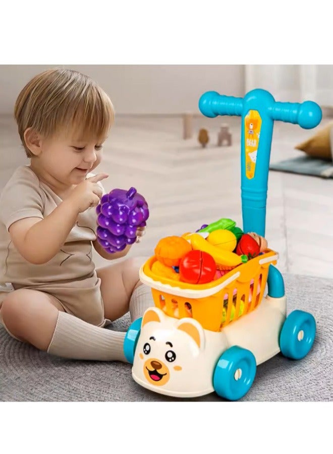 Shopping Cart Toy, Shopping Basket and Trolley 2 In 1 Toy, Pretend Play Grocery Shopping Cart, Little Helper's Shopping Cart, Shopping Cart Trolley Play Set, Shopping Trolley with Wheels, Kids Shopping Cart with Food Shopping Trolley Basket, Educational Toy for Kids and Toddler, Kids Supermarket Shopping Cart, Child-Safe and Durable, Easy Assembly (Blue)  - Image 3