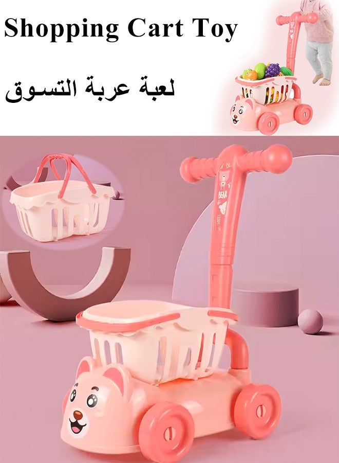 Shopping Cart Toy, Shopping Cart Trolley Play Set, Shopping Basket and Trolley 2 In 1 Toy,  Little Helper's Shopping Cart, Pretend Play Grocery Shopping Cart, Kids Shopping Cart with Food Shopping Trolley Basket, Shopping Trolley with Wheels, Educational Toy for Kids and Toddler, Kids Supermarket Shopping Cart, Child-Safe and Durable, Easy Assembly (Pink) - Image 1