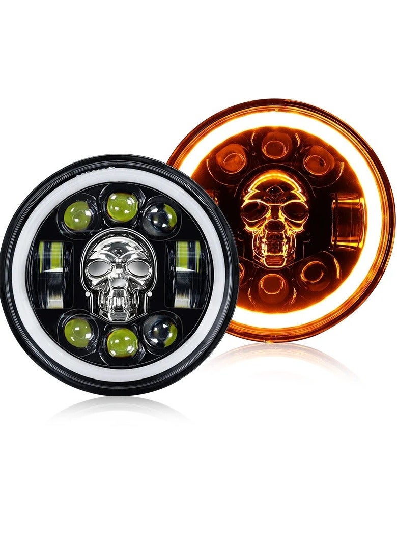 gz auto GZ AUTO 7 Inch Skull LED Headlights with DRL Hi/Lo Beam, Amber Angel Eye Halo Ring, RGB Flash Modes, IP67 Waterproof, Die-Cast Aluminum, for Motorcycles, Off-Road Vehicles, and SUVs - 1 Pair  - Image 1