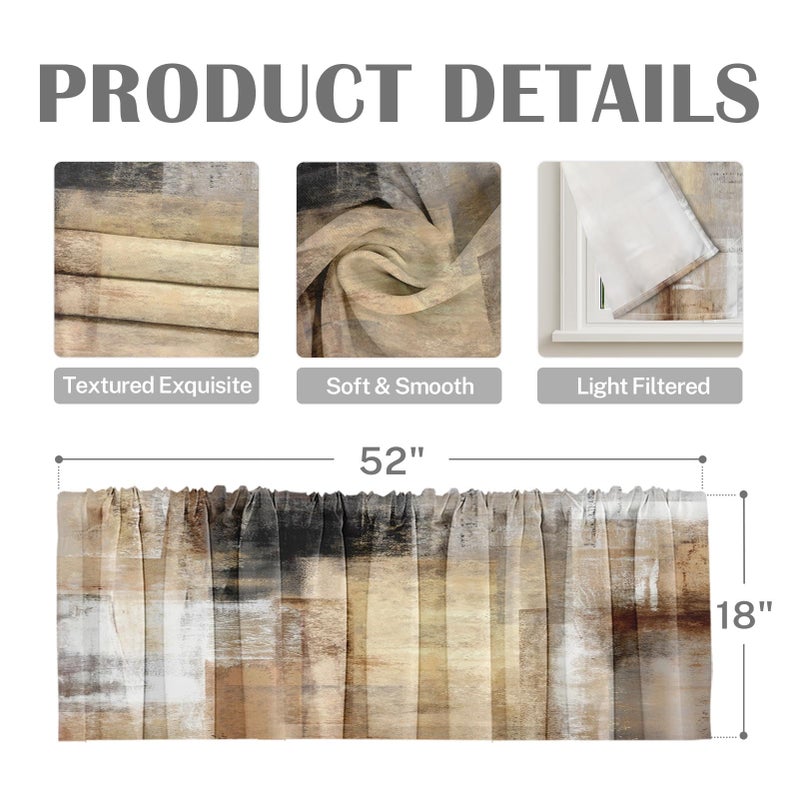 Emvency 4 Pack Valances Window Treatments, Brown Abstract Modern Art Blackout Drapes Adjustable Curtain for Windows Living Room Kitchen Over Sink, 52x18 Inch Rod Pocket Valances - Image 3