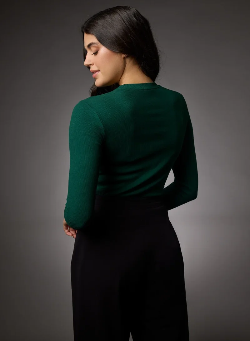 Zigzag Long Sleeve Round Neck Rib Top- Dark Green