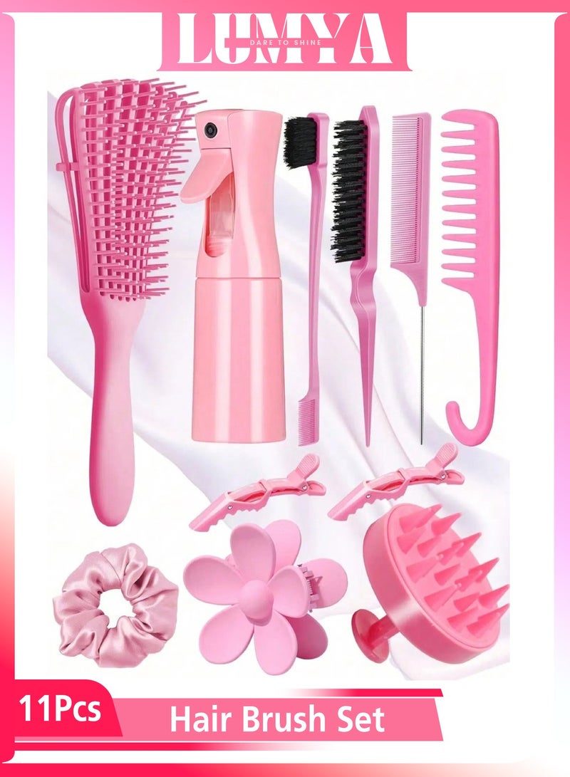 LUMYA 11PCS Hair Comb Set with Spray Bottle, Edge Brush, Wide Tooth & Rat Tail Comb, Detangling Hair Brush Kit for Girls & Women (Pink) - Image 1