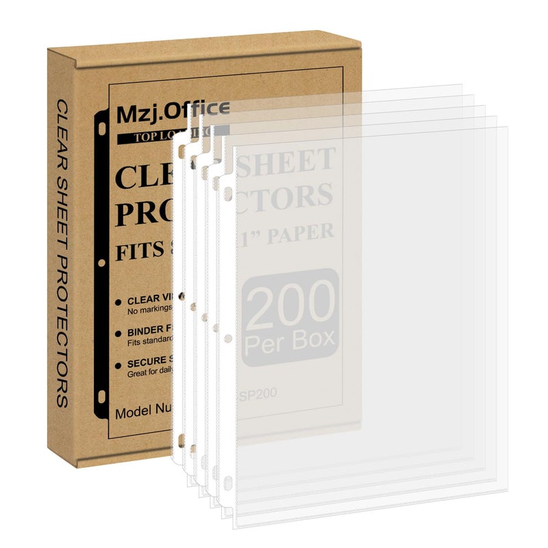Mzj.Office Page Protectors for 3 Ring Binder, Sheet Protectors 8.5 x 11 Inch, 200 Per Box Clear Sheet Protectors for 3 Ring Binder, Plastic Sleeves for Paper 8.5x11 Heavy Duty, Top Load & Reinforced 3-Hole. - Image 1