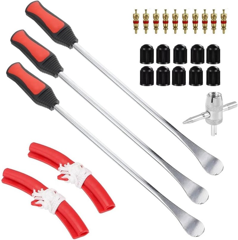 ELEPHANTBOAT STHIRA® 26Pcs Tire Repair Tool Set, 12'' Stainles Steel Tire Levers, 10× Valve Cores, 10× Valve Caps, Valve Core Wrench & Red Pull-String Repair Tools for Bicycle, Motorcycle & Car Tire Maintenance - Image 1