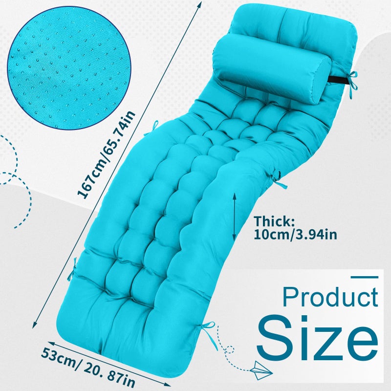 Tudomro 1 Pcs Peacock Blue 66'' Outdoor Chaise Lounge Cushion Waterproof Patio Lawn Pool Chaise Lounge Cushion with Headrest Pillow & Ties Weather Fade Resistant Replacement Longue Chair Pad - Image 3