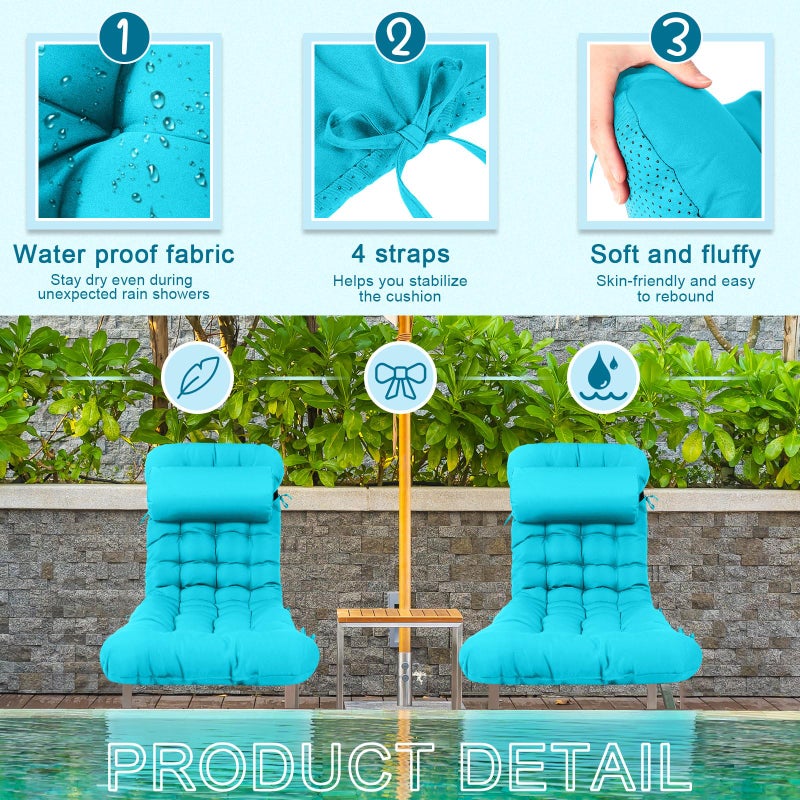 Tudomro 1 Pcs Peacock Blue 66'' Outdoor Chaise Lounge Cushion Waterproof Patio Lawn Pool Chaise Lounge Cushion with Headrest Pillow & Ties Weather Fade Resistant Replacement Longue Chair Pad - Image 2