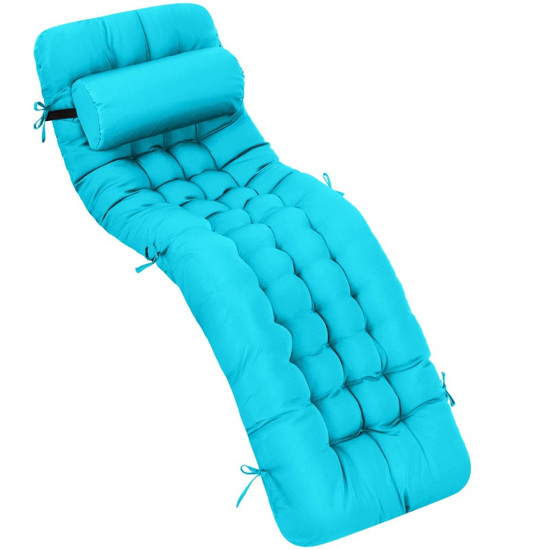 Tudomro 1 Pcs Peacock Blue 66'' Outdoor Chaise Lounge Cushion Waterproof Patio Lawn Pool Chaise Lounge Cushion with Headrest Pillow & Ties Weather Fade Resistant Replacement Longue Chair Pad - Image 1