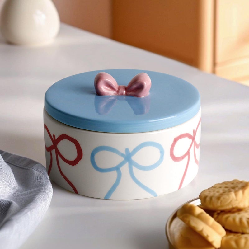 DIF DECO Cute Cookie Jars with Lid Airtight, Wide Mouth Large Ceramic Food Storage Containers, Hand-Drawn Bow Kitchen Canisters for Countertop, Suitable for Home Decor of Coffee, Sugar, Tea, Flour, Dog Treat - Image 1