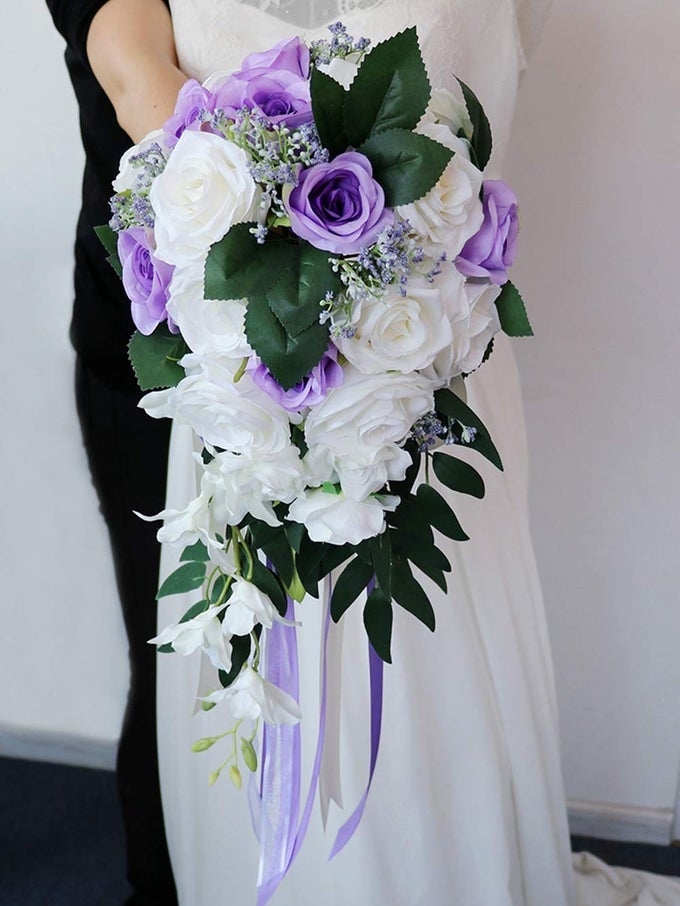 WEDDING BRIDAL BOUQUET ARTIFICIAL ROSE FLOWERS WITH RIBBONS WATERFALL FLOWERS BUNCH FOR DECORATIONS